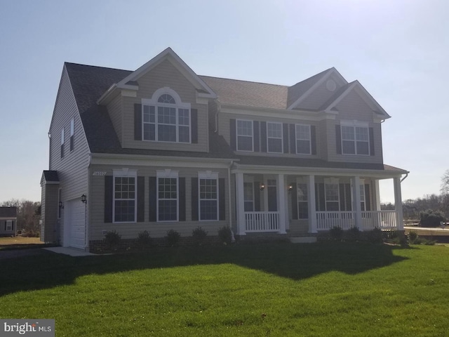 60 Persimmon Hills Ct, Sunderland, MD 20689 - view of front facade featuring covered porch, a garage, and a front lawn