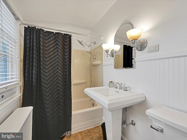 341 Creston Rd, York, PA 17403 - full bathroom with toilet, shower / bath combo, a sink, wainscoting, and tile patterned floors