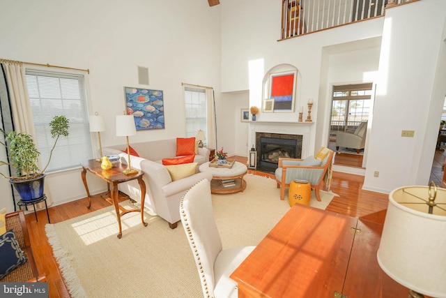 13470 Harrison Landing Rd, Princess Anne, MD 21853 - living area with a fireplace with flush hearth, a high ceiling, wood finished floors, and baseboards