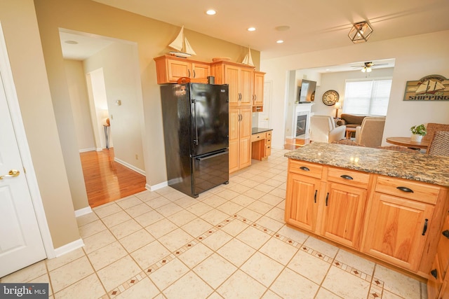 13470 Harrison Landing Rd, Princess Anne, MD 21853 - kitchen featuring freestanding refrigerator, light tile patterned floors, baseboards, ceiling fan, and recessed lighting