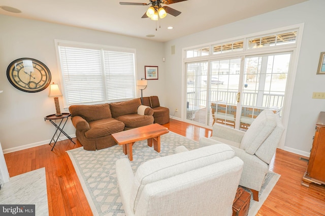 13470 Harrison Landing Rd, Princess Anne, MD 21853 - living room featuring baseboards, light wood-style flooring, ceiling fan, and recessed lighting