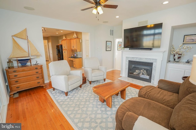 13470 Harrison Landing Rd, Princess Anne, MD 21853 - living room featuring a ceiling fan, recessed lighting, light wood finished floors, and visible vents