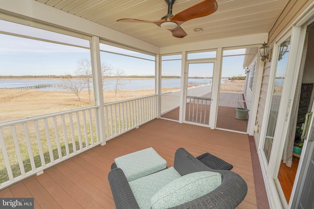 13470 Harrison Landing Rd, Princess Anne, MD 21853 - sunroom with a ceiling fan, plenty of natural light, and a water view