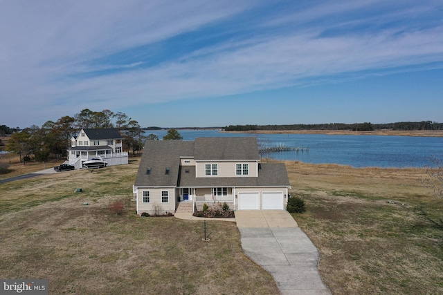 13470 Harrison Landing Rd, Princess Anne, MD 21853 - view of front of property with a water view, a front lawn, concrete driveway, and a porch