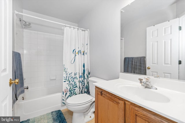 bathroom with tile patterned floors, toilet, shower / tub combo with curtain, and vanity