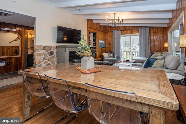 16 Jrs Dr, Mc Henry, MD 21541 - dining area featuring visible vents, a fireplace, wood finished floors, beam ceiling, and wooden walls