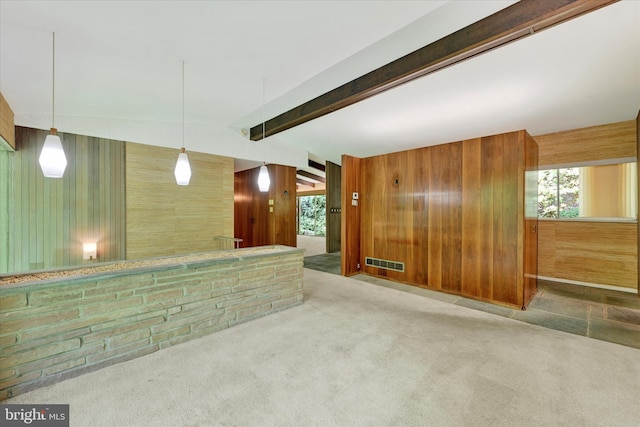 1408 Margarette Ave, Baltimore, MD 21286 - unfurnished living room with carpet flooring, wooden walls, and beam ceiling
