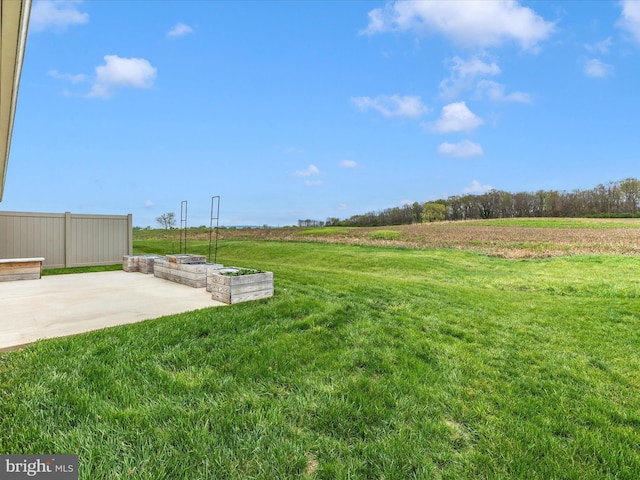view of yard with a rural view and a patio