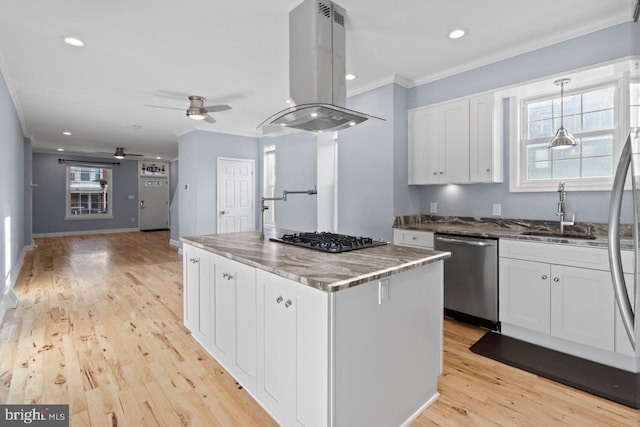 kitchen featuring a sink, gas stovetop, island exhaust hood, ceiling fan, and dishwasher