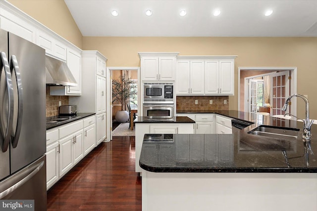 kitchen featuring under cabinet range hood, a sink, recessed lighting, and appliances with stainless steel finishes