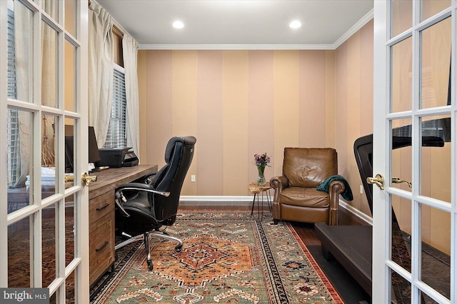 home office with french doors, baseboards, recessed lighting, wood finished floors, and crown molding