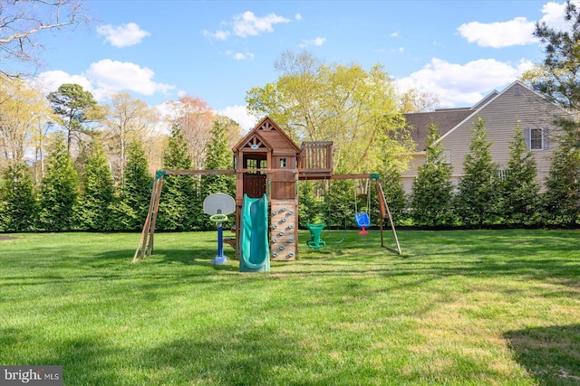 view of jungle gym featuring a yard