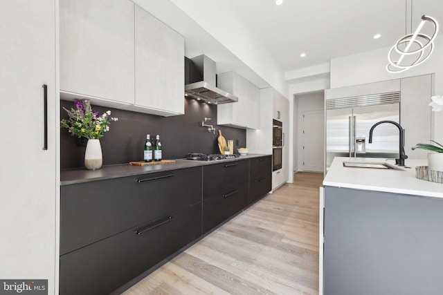 kitchen with light wood finished floors, a sink, modern cabinets, wall chimney exhaust hood, and appliances with stainless steel finishes