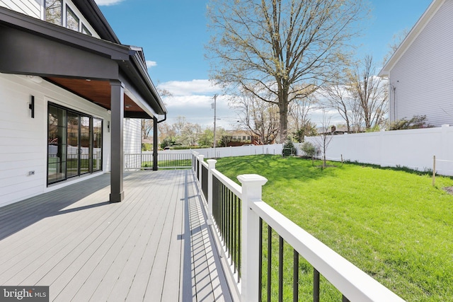 wooden terrace featuring a fenced backyard and a yard