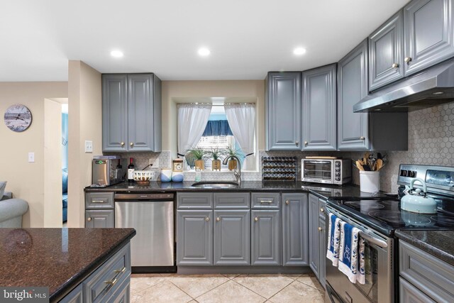 111 W 18th St Unit 2, Ship Bottom, NJ 08008 - kitchen with gray cabinetry, under cabinet range hood, a sink, and stainless steel appliances