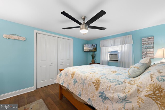 111 W 18th St Unit 2, Ship Bottom, NJ 08008 - bedroom with a closet, baseboards, wood finished floors, a ceiling fan, and cooling unit
