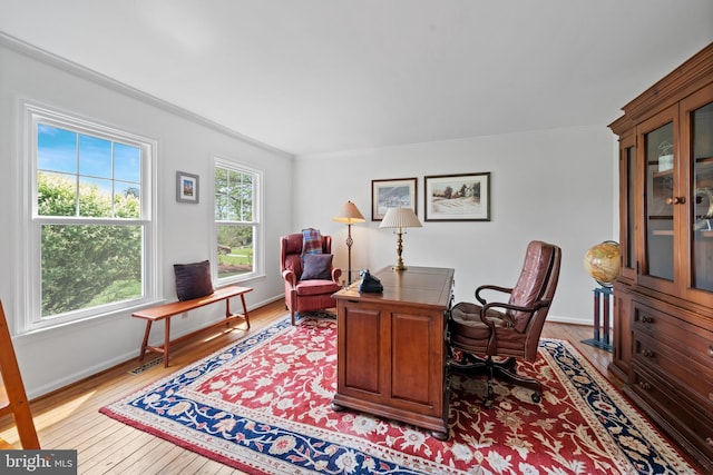 office featuring crown molding, light wood finished floors, and baseboards