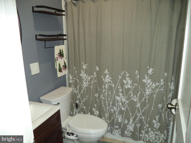 bathroom with vanity, toilet, and a shower with curtain