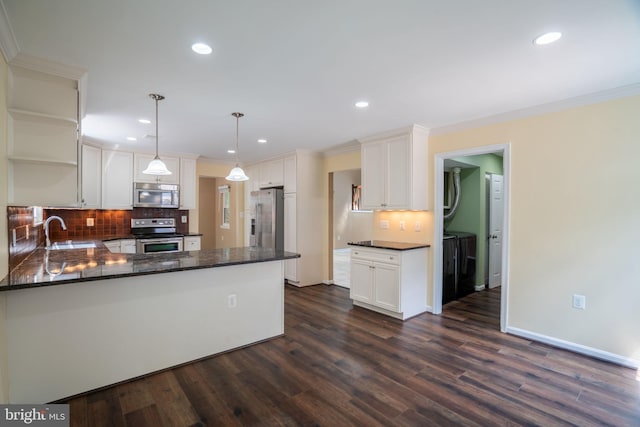 4501 Peppermill Ct, Dumfries, VA 22025 - kitchen with stainless steel appliances, open shelves, backsplash, dark wood-type flooring, and crown molding