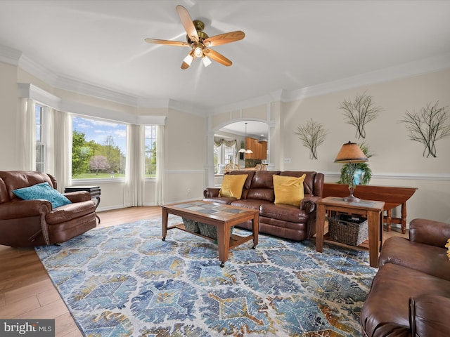 living area with arched walkways, wood finished floors, crown molding, and ceiling fan