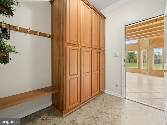 mudroom with baseboards and ornamental molding