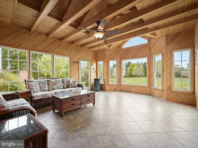 sunroom featuring wooden ceiling, wood walls, lofted ceiling with beams, and plenty of natural light