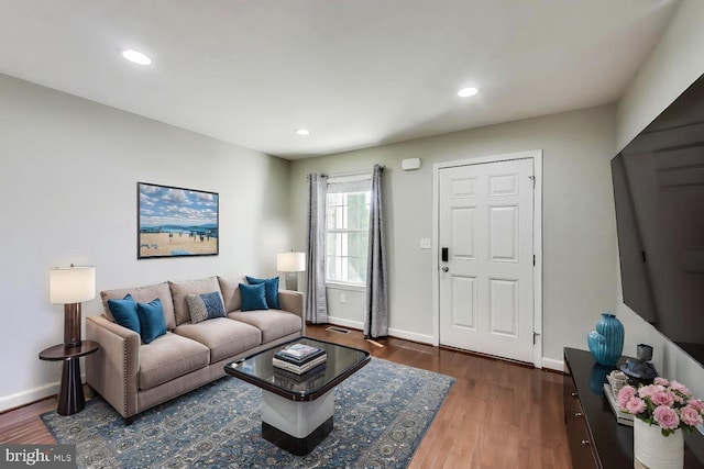 living area featuring wood finished floors, baseboards, and recessed lighting