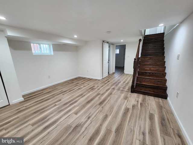 1261 Gallatin St NE, Washington, DC 20017 - below grade area with baseboards, stairway, recessed lighting, and light wood-style floors