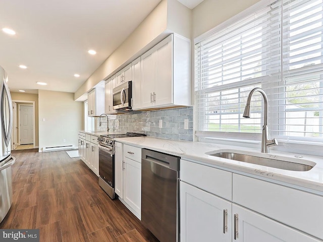 kitchen with a sink, backsplash, white cabinets, and stainless steel appliances