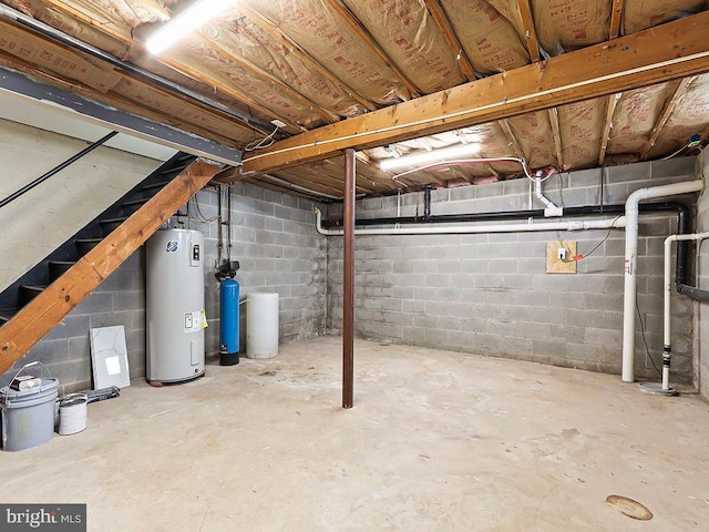 unfinished basement featuring electric water heater