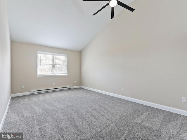 unfurnished room featuring baseboards, a ceiling fan, carpet floors, a baseboard heating unit, and lofted ceiling