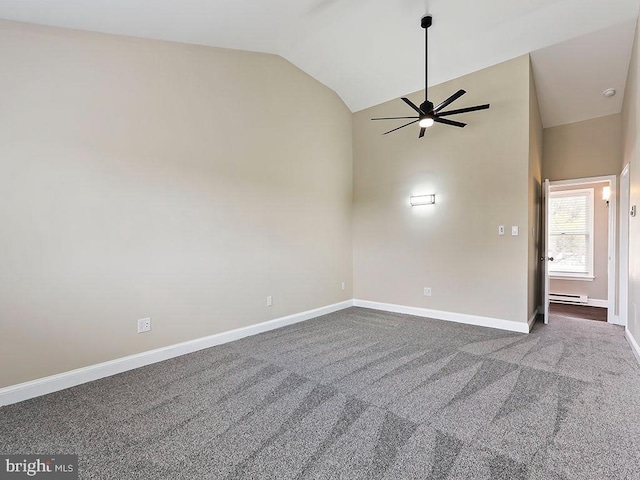 carpeted empty room featuring baseboards, a ceiling fan, vaulted ceiling, and baseboard heating