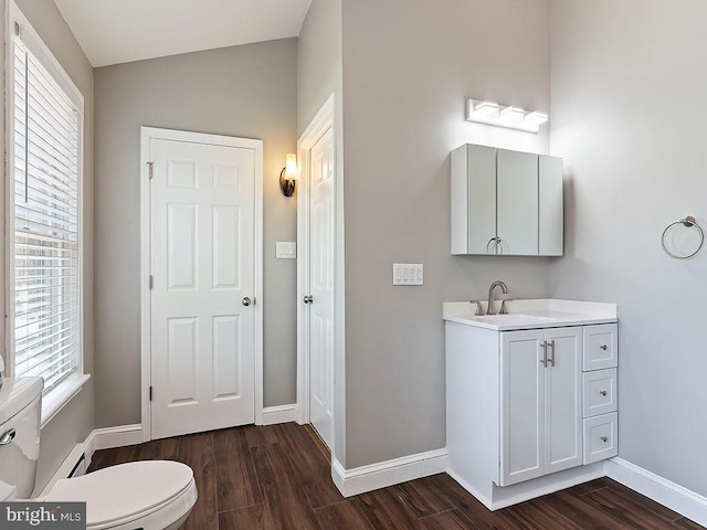 bathroom with vanity, vaulted ceiling, toilet, and wood finished floors