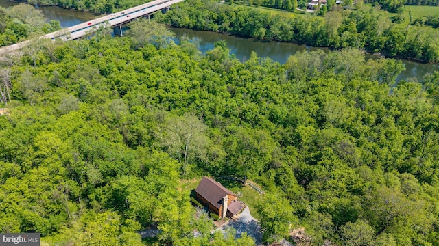 birds eye view of property featuring a water view and a forest view