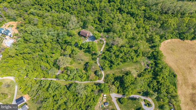 birds eye view of property featuring a forest view