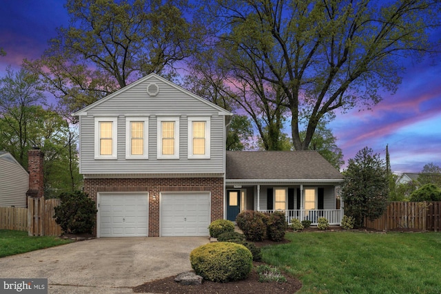 view of front of house featuring covered porch, concrete driveway, a garage, and brick siding