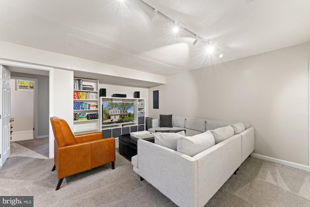 living area with rail lighting, carpet, and baseboards