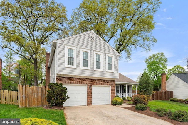 view of front facade featuring driveway, an attached garage, brick siding, and a porch