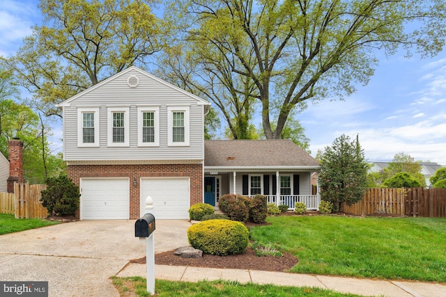 view of front facade featuring a porch, concrete driveway, a garage, and brick siding