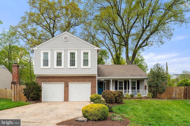 view of front facade featuring covered porch, driveway, an attached garage, and brick siding