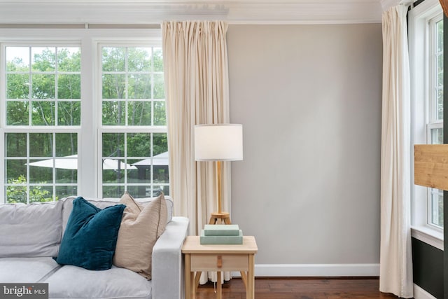 187 Verbena Dr, Stafford, VA 22554 - sitting room featuring baseboards, dark wood-style floors, healthy amount of natural light, and ornamental molding