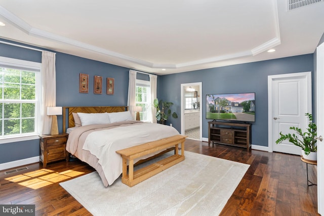 187 Verbena Dr, Stafford, VA 22554 - bedroom featuring a tray ceiling, dark wood-style floors, baseboards, crown molding, and recessed lighting