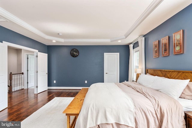 187 Verbena Dr, Stafford, VA 22554 - bedroom featuring a tray ceiling, wood finished floors, crown molding, recessed lighting, and baseboards