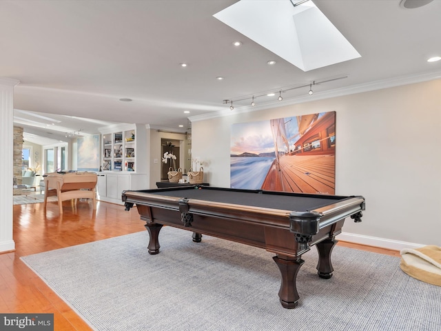 recreation room featuring crown molding, billiards, recessed lighting, and light wood-style floors
