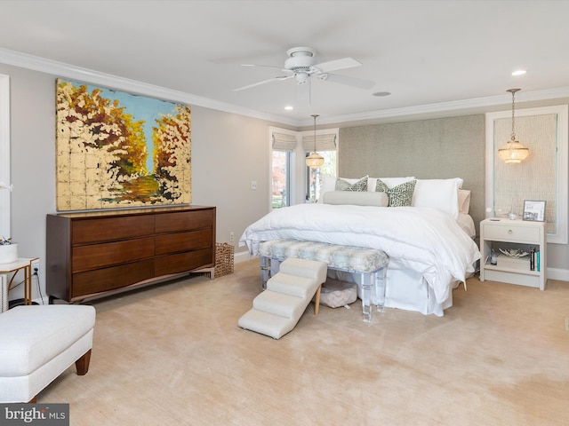 carpeted bedroom featuring crown molding, ceiling fan, recessed lighting, and baseboards