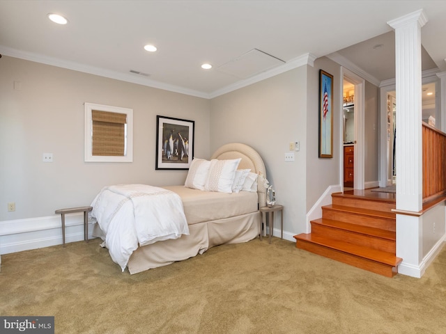 carpeted bedroom with crown molding, visible vents, a spacious closet, and recessed lighting