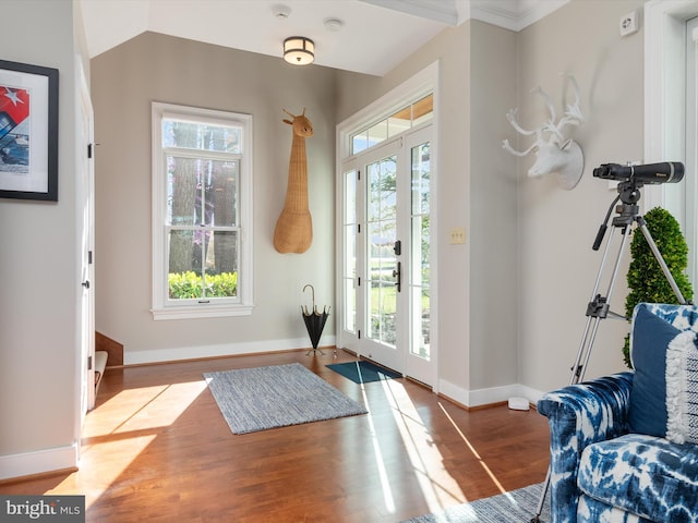 entrance foyer with french doors, baseboards, and wood finished floors