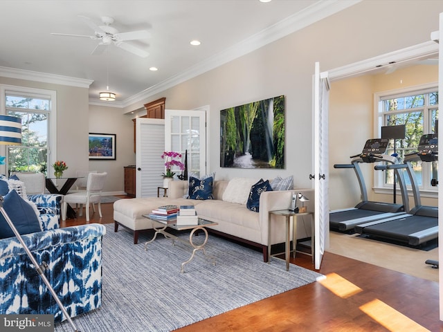 living area featuring a wealth of natural light, crown molding, a ceiling fan, and wood finished floors