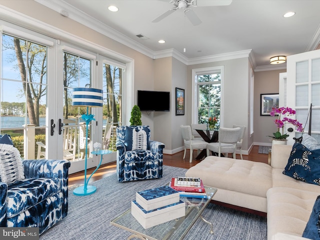 living area featuring a ceiling fan, visible vents, recessed lighting, french doors, and baseboards