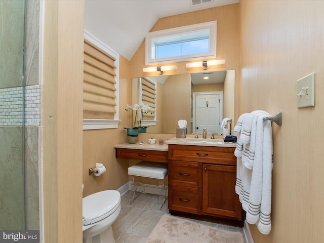 full bath featuring visible vents, toilet, vanity, and vaulted ceiling